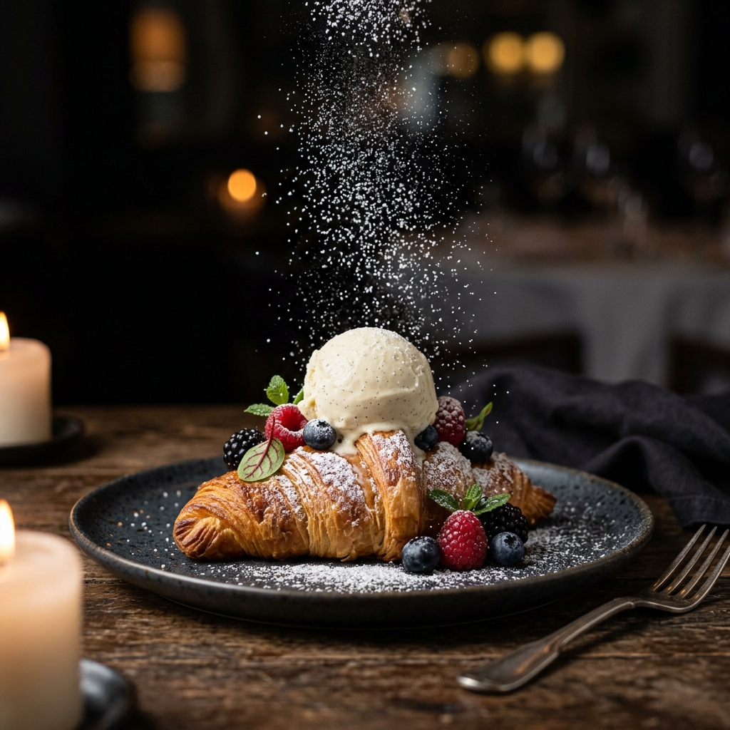 Lyxig dessert med croissant och glass