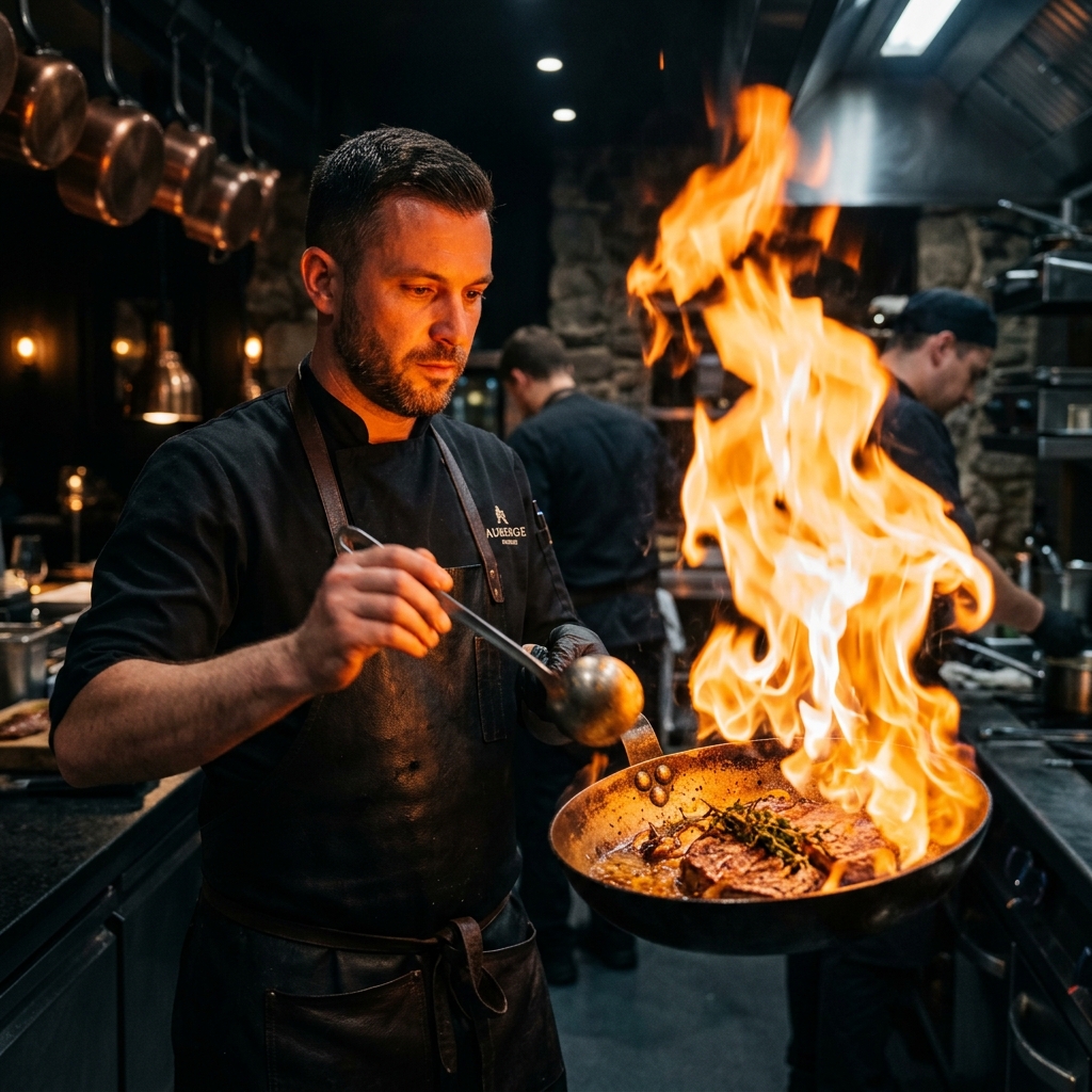 Kock som flamberar en rätt i restaurangköket